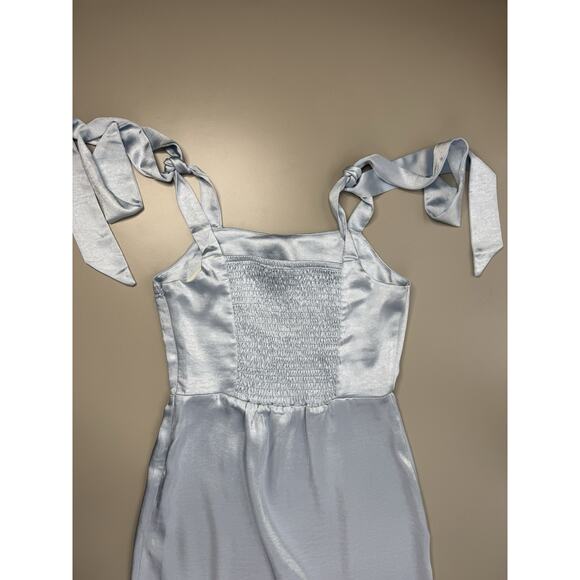 Skies Are Blue Satin Midi Dress XS Pastel Baby Blue Bridesmaid Bow Straps Ruffle - Picture 15 of 16